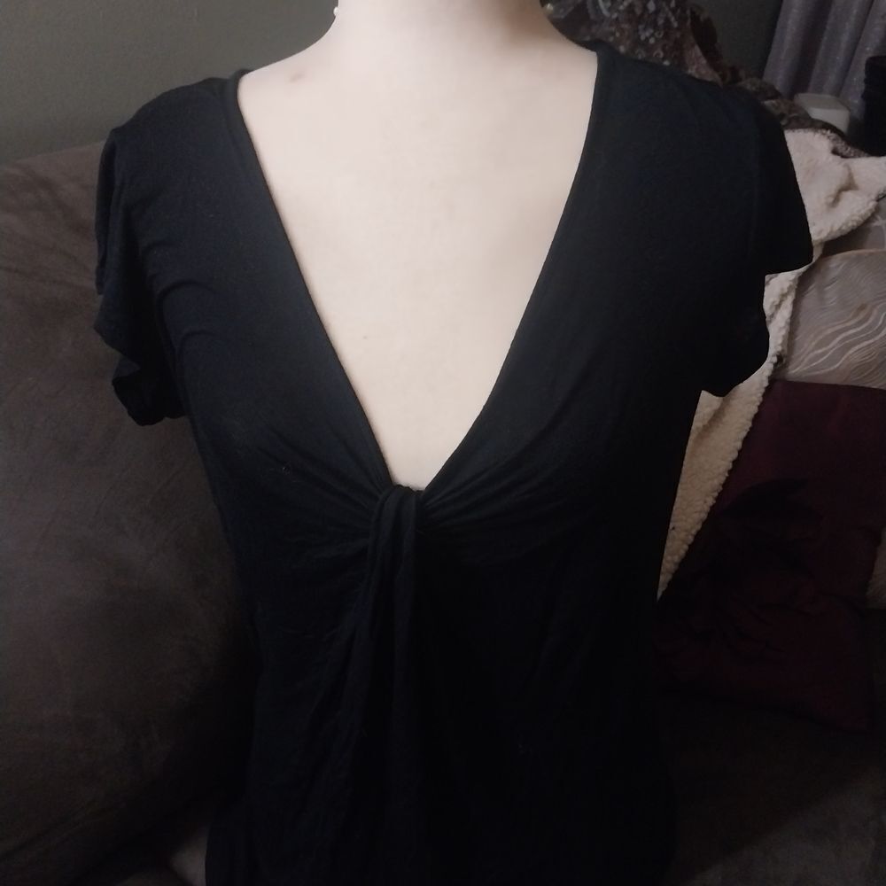 Natori Black Ruched Short Cap Sleeve T-Shirt